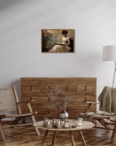 Image of KISSFOX Vintage Framed Wall Art Decor Victorian African American Pictures Paintings Wall Decor Moody Black Girl Reading A Book Canvas Art Prints Modern Farmhouse Black Woman Artwork For Kitchen