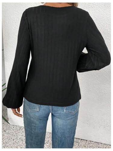 Women's Floral Embroidery Long Sleeve T Shirts Crew Neck Ribbed Knit T Shirt Casual Fall Tops2