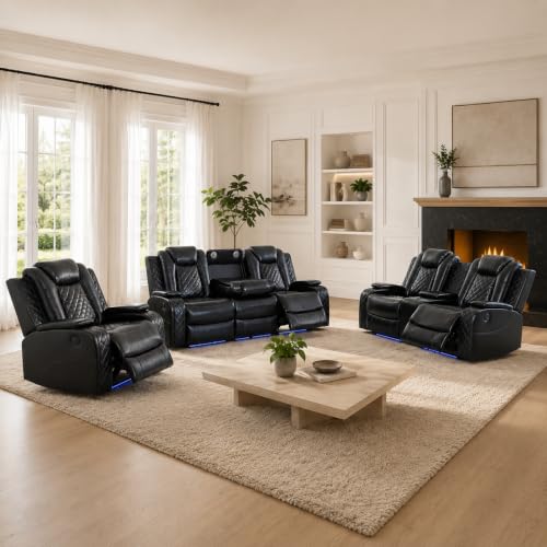 ELDANISH 3-Piece Leather Power Recliner Sofa Set for Living Room with USB Ports LED Ambient Lighting & Storage Console Modern Ergonomic Sectional Couch Home Theater Seating (Black)
