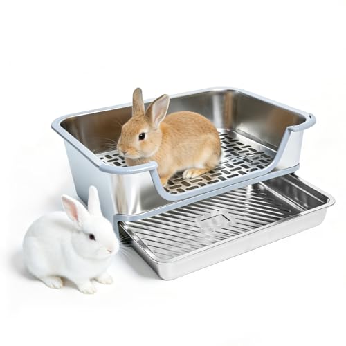 Rabbit Litter Box Bunny Litter Box Stainless Steel Sifting Litter Box for Rabbit Pull-Out Rabbit Litter Box with Perforated Floor for Protecting Rabbit Paws for Bunny Guinea Pig Hamster(M)
