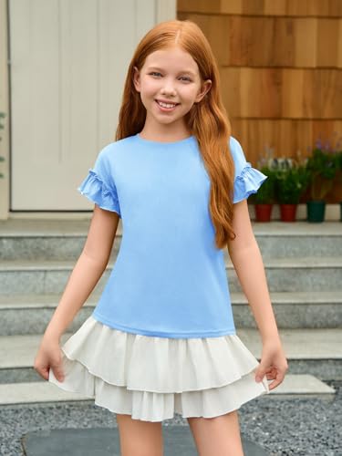 Image of Haloumoning Girls Ruffle Short Sleeve T Shirts Kids Summer Crewneck Tops Cute Tees Blouse 5-14 Years