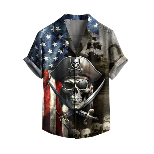 Pirate Hawaiian Shirt, American Flag Shirt, Mens Pirate Shirts, Skull Hawaiian Shirts for Men