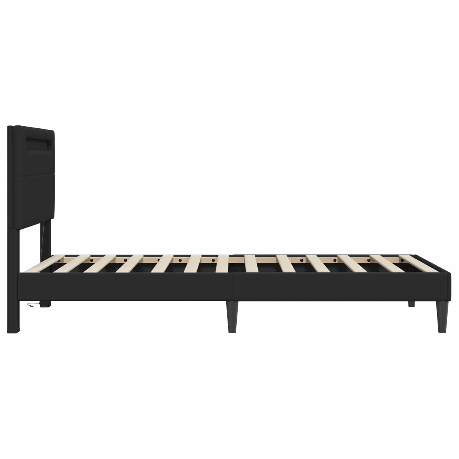 Marco de cama con tiras de luz LED, color negro, 90 x 190 cm, piel sintética, marco de cama moderno con fuente de alimentación USB para dormitorio, somier de láminas estable, patas de ahorro