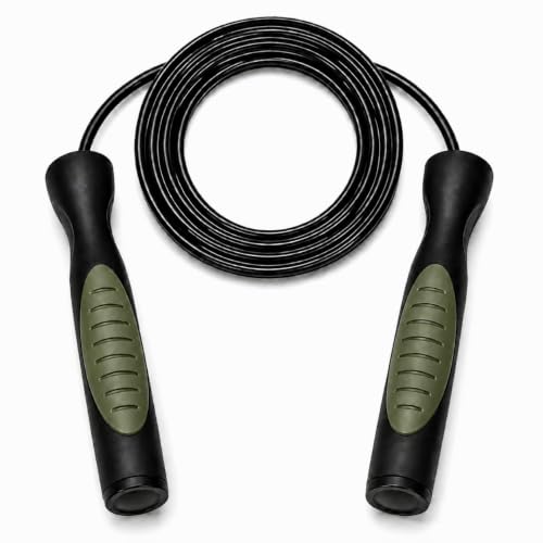 Image of Worldwide Adjustable Skipping Rope | 275 cm PVC Rope | Double Colour | Ball Bearing | Soft TPR Grip | Premium Plastic Handles | Fitness Jump Rope for Men, Women & Kids (Army Black)