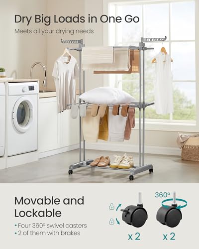 Image of SONGMICS Clothes Drying Rack 3-Tier, Foldable Laundry Drying Rack 148 cm Tall, Stainless Steel, Rolling Laundry Horses, Clothes Airer, Indoor Outdoor Use, Dove Gray ULLR702G01