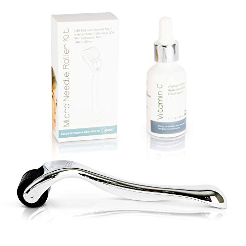 0.25mm Derma Roller Microneedle Kit with Face Serum - Set With Micro Needle Dermaroller + Vitamin C with Hyaluronic Acid Facial Serum - Helps Your Skin Glow and Radiate Youthfully + FREE E-Book Guide