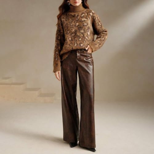 CHARTOU Women Fuzzy Leopard Knit Pullover Sweater Fall Winter Oversized Turtleneck Long Sleeve Jumper Tops2