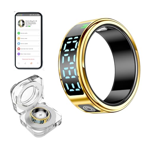 Smart Ring Fitness Tracker - Heart Rate & Blood Oxygen Monitor, Sleep & Activity Tracking, Gesture Control, IP68 Waterproof, Rechargeable Charging Case, No Subscription, for iOS & Android(Size8 Glold)