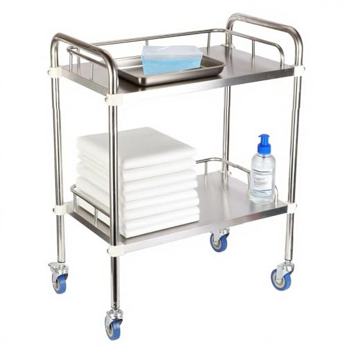 ybaymy Stainless Steel Cart with Wheels, Medical 2 Tier Utility Cart Lab Serving Trolley Clinic Trolley Cart Commercial Grade with Silent Lockable Wheels for Hospital, Restaurant, Kitchen