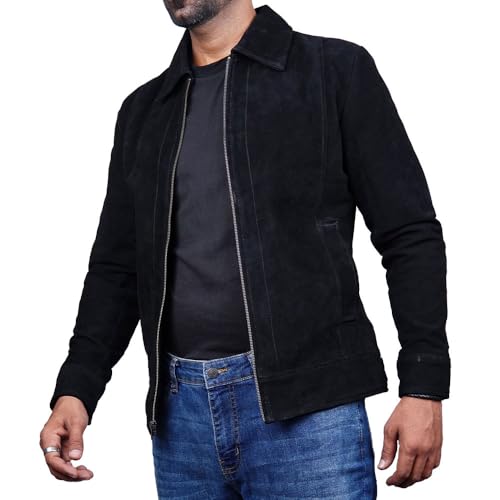 Image of Mens Polo Collar Zipper Suede Shirts Long Sleeve Shacket Suede Trucker Jacket Real Suede Leather Shirt