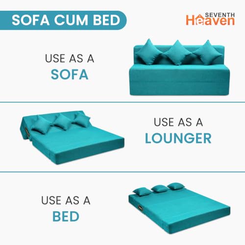 Image of Seventh Heaven Rejioce 4 Seater 6 * 6 Jute Fabric Washable Cover Sofa Cum Bed with 3 Cushions 4 Seater Double Foam Fold Out Sofa Cum Bed (Finish Color - Blue Delivery Condition - Pre-Assembled)