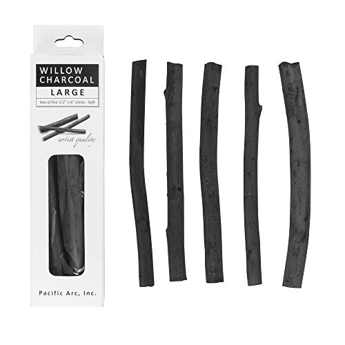 Pacific Arc Large Vine Charcoal Stick 5/Pkg Soft Black Thick Willow Charcoal for Sketching and Drawing