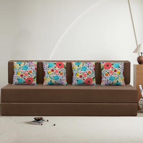 Image of Rosebell 4 Seater Sofa Cum Bed, Foldable Sofa Bed 6 X 6 Feet, Jute Fabric- Washable Cover- with 4 Cushion Perfect for Home & Office - Brown-Color