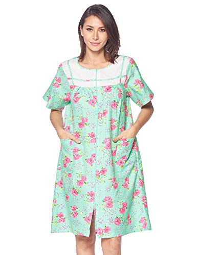 Casual Nights Women's Zipper Front House Dress Short Sleeve Woven Housecoat Duster Lounger Robe With Pockets - Floral Green - Large #TOP24