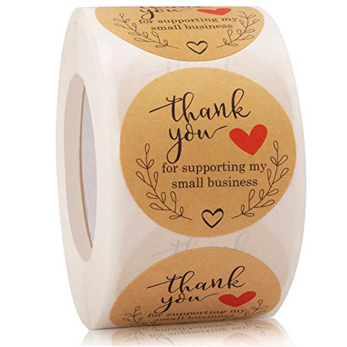 VONDERSO 1.5 Inch Round Thank You for Supporting My Small Business Stickers, 500 Pcs Cowhide Adhesive Label Stickers per Roll for Bags, Packaging, Gifts for Crafters & Online Sales