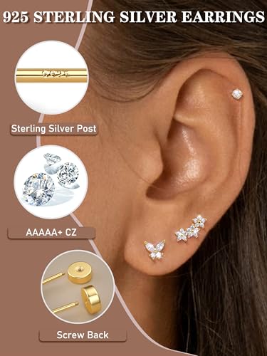 Flat Back Earrings for Women Hypoallergenic - 14K Gold Plated Sterling Silver Flatback Stud Earrings Cartilage Helix Tragus Conch Piercing Jewelry 3 Pairs Dainty CZ Butterfly Studs2