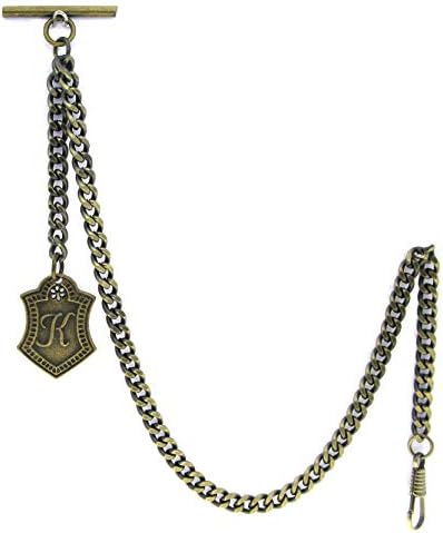 Albert Chain Pocket Watch Chains for Men Antique Brass Color with Alphabet K Initial Letter Fob T Bar AC86
