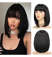 LINGHANG Short Black Bob Wigs with Bangs, Synthetic Straight Bob Wigs for Women, Natural Looking ...