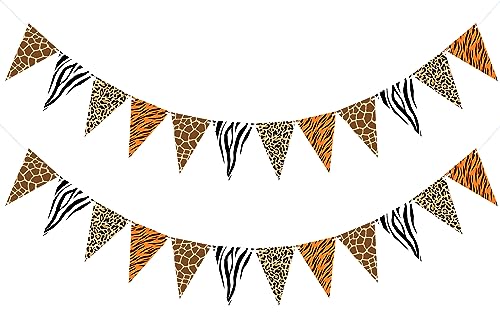 VILIFEVER 2 Pieces Animal Print Pennant Banner Jungle Theme Party Supplies Safari Birthday Party Decorations, Jungle Safari Birthday Banner for Animal Zoo Party Decor