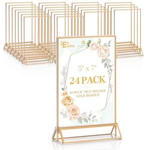 EHWINE 24 Pack Acrylic Sign Holder 5 x 7, Double Sided Gold Picture Frame Stand up Table Top Sign Holders, Clear Display Stand Menu Flyer Holder for Wedding Party