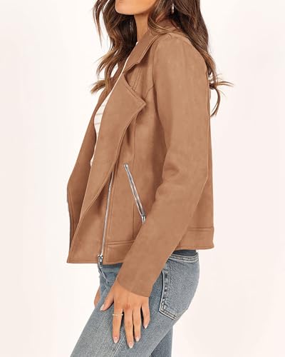 KIRUNDO Womens Faux Suede Jacket 2024 Fall Winter Clothes Casual Zipper Cropped Coat Bomber Biker Moto Jackets Outwear4