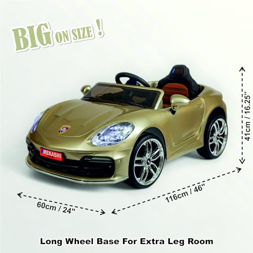 Image of MEKASHI Premium Electric Ride-On Car for Kids 1-7 Years with 12V Rechargeable Battery, Parent Remote Control, Bluetooth Music, LED Lights, 5 Speed Modes, Swing Function, Metallic Gold