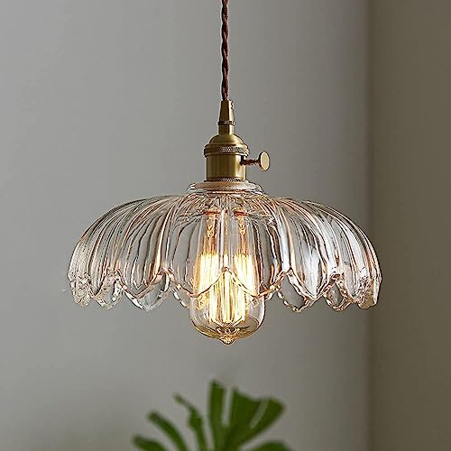 COJJ-Scalloped Glass Flower Ceiling Hanging Light Industrial Single Dining Room Pendant Lights Retro Ceiling Chandelier for Bedroom Restaurant Hallway Kitchen Dining Room-Clear [Energy Class A]