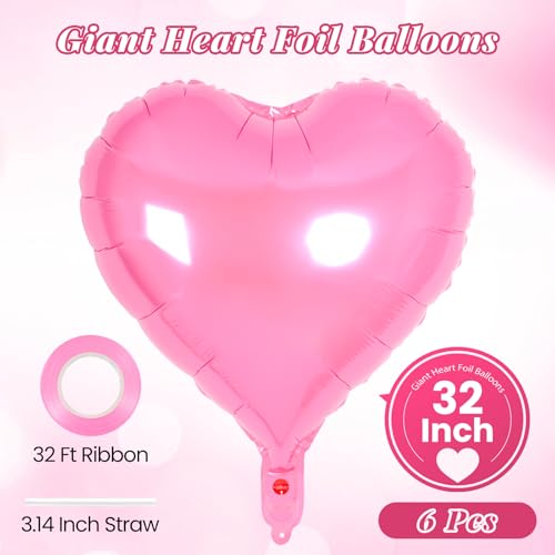 Image of 6 Pcs 32 Inch Pink Heart Balloons, Giant Heart Shape Foil Balloons Love Balloon Valentine Balloon for Birthday Party Wedding Engagement Party Baby Shower Valentine Day Decorations