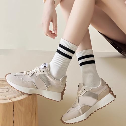 Image of 5 Pairs Womens Striped Crew Socks, Cotton Cozy Casual Socks for Women,Breathable Cool,Size 5-10