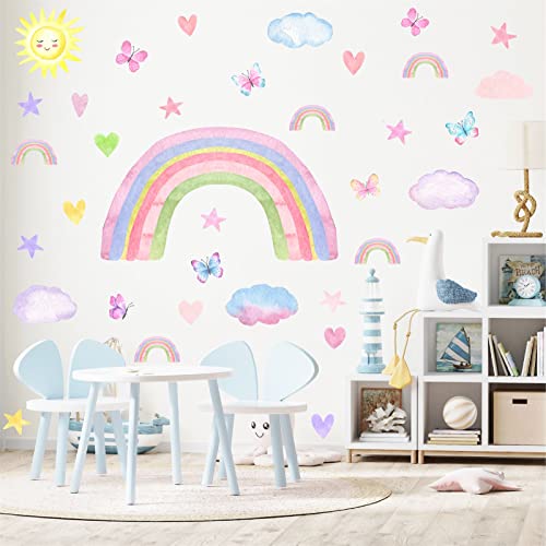 Colorful Rainbow Wall Decals Watercolor Rainbow Sun Cloud Wall Decals Star Heart Butterfly Wall Stickers Cute Rainbow Wall Stickers For Girls Room Bedroom Nursery Decor #TOP4