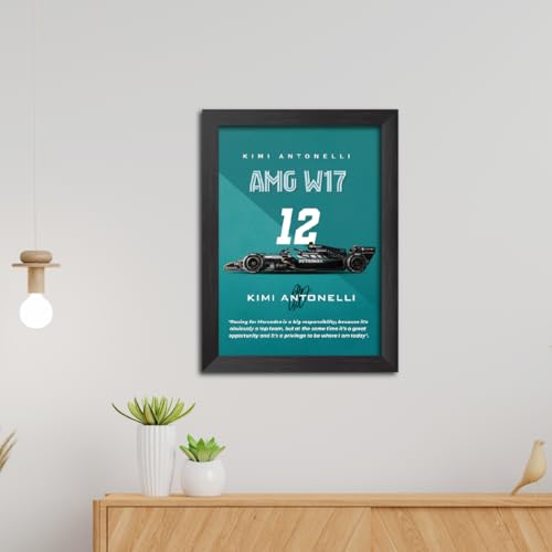 Image of TenorArts Kimi Antonelli Poster Frame F1 Racing Car Mercedes W17 Formula One Photo Framed Painting with Matt Finish Black Textures (12 inches x 9inches)