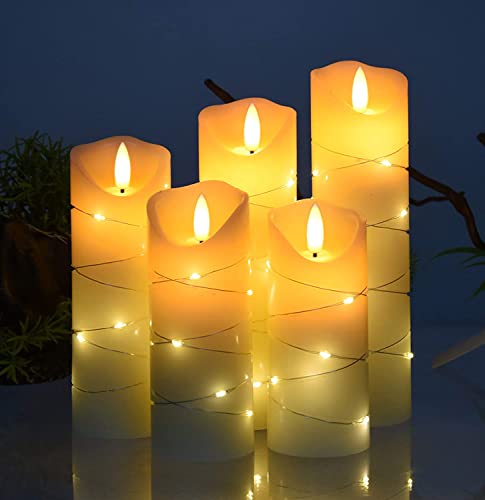 Danip Flameless Candle, With Embedded String Lights, 5-Piece Led Candles, With 10-Key Remote Control, 24-Hour Timer Function, Dancing Flame, Real Wax, Battery-Powered. (Ivory White) #TOP5