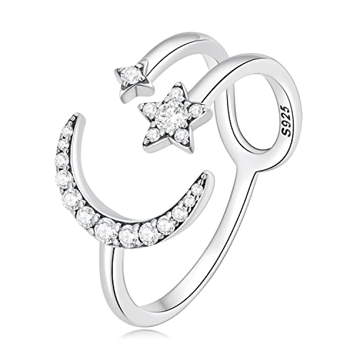 Bague en argent 925 lune et étoile réglable pour doigts sensibles
