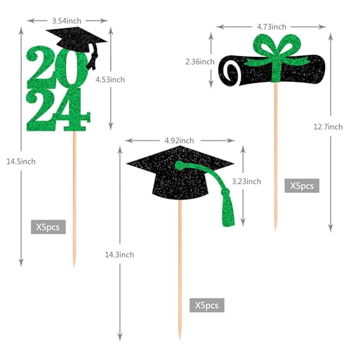 ALISSAR 15-Pack Double Sided Glitter Graduation Centerpiece Sticks - Green Table Toppers for 2024 Graduation Party Decoration (2024 Double Sided Card Stock)