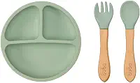 Kit Alimentação Silicone Buba 2pçs Prato Talher Bambu Verde