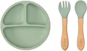Kit Alimentação Silicone Buba 2pçs Prato Talher Bambu Verde