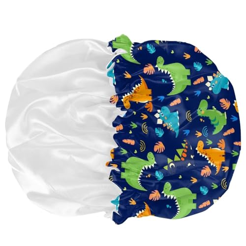 Image of Kids Satin Bonnet for Sleeping Cap with Elastic Wide Band Head Hair Cover, Cute Dinosaur Blue Night Sleep Caps Indoor Elastic Sleeping Beanie Headwear Night Hat for Toddler Baby