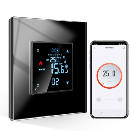 CNBINGO Smart Recessed Thermostat with WiFi Digital Glass Screen Compatible with Alexa Echo, Google Assistant, 16A, Black
