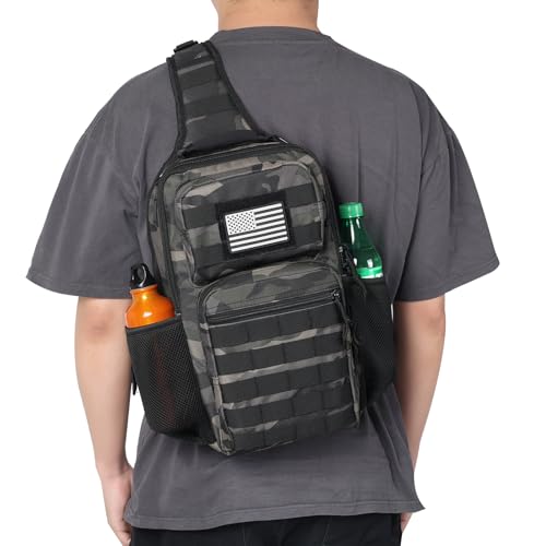 Image of Rover Sling Pack Tactical Shoulder Sling Bag Backpack with Bottle Holder Crossbody Chest Bag, Black Camo