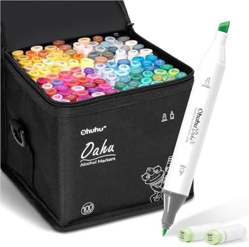 Image of Ohuhu Alcohol Markers Double Tipped Art Marker Set for Artists Adults Coloring Sketch Illustration - Chisel & Fine Dual Tips - 100 Colors - Oahu Series of Ohuhu Markers - Refillable Ink