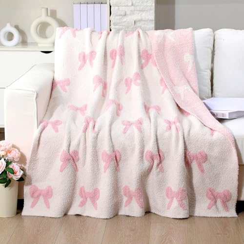 Image of Mindsoft Pink Bow Blanket 50 x 60 Inch Coquette Blanket Soft Preppy Throw Flannel Cozy Lightweight Aesthetic Cute Decoration Bedroom Decor Couch Sofa Chair, Ideal Gift for Sofa Couch Travel Bed