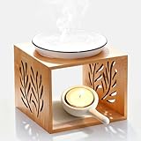 Lampada profumata, lampada aromatica, lampada profumata per oli essenziali, lampada tealight con struttura in legno, ciotola in ceramica e porta lumini, 115 x 115 x 82 mm, fornello per oli profumati