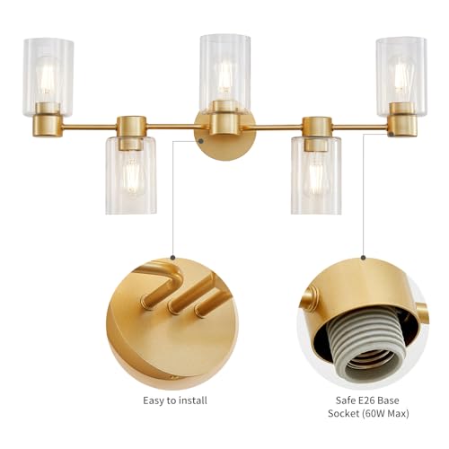 Image of WUZUPS 5-Light Bathroom Wall Light Fixture Over Mirror Clear Glass Shade Morden Vanity Scones Light for Bedroom Living Room, E26 Base, Gold