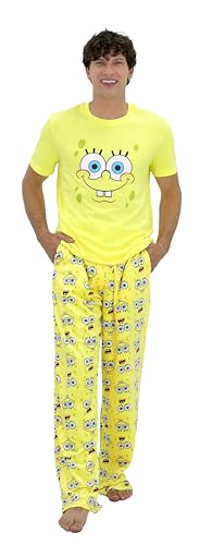 Nickelodeon SpongeBob Adult Pajamas Set, 2 Piece SpongeBob Pjs for Men, Short Sleeve Shirt & Fleece Pants, Size S-M-L-XL