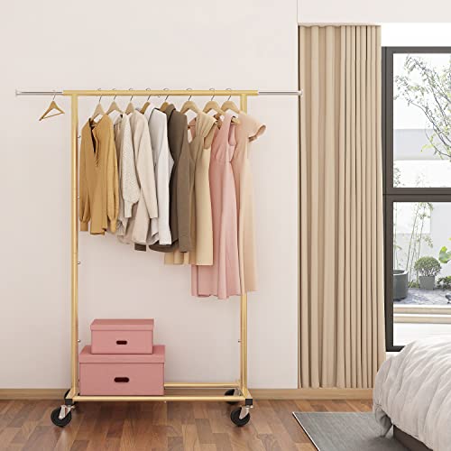 Simple Trending Standard Rod Clothing Garment Rack, Rolling Clothes Organizer On Wheels For Hanging Clothes, Golden Yellow #TOP5