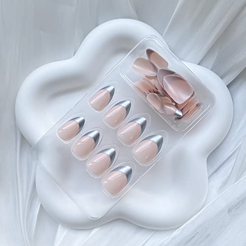 French Tip Press On Nails Medium Almond Fake Nails Silvery Tip Nude Pink Glossy Acrylic False Nails Kit For Women Girls Artificial Nails 24 Pcs #TOP1