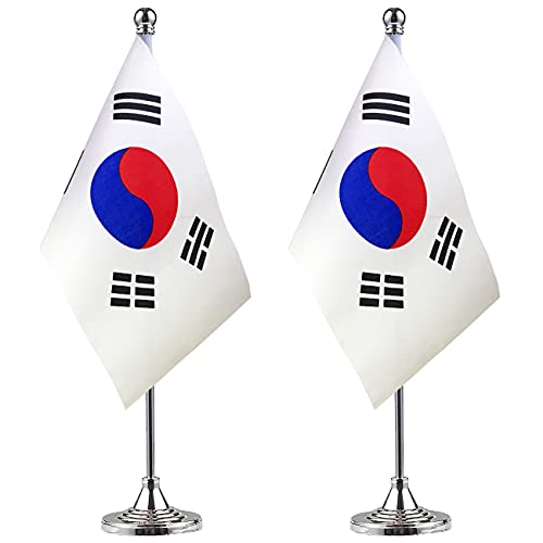 Zxvzyt 2 Pack Korea Flag Korean Table Flag Small Mini Korean Desk Flags With Stand Base,International Festival Events Celebration Decorate,Home Office Decorations #TOP3