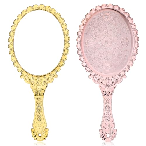 YUXIANLB 2 Pcs Vintage Handheld Mirror Retro Hand Held Mirror, Small Embossed Mirror Portable Hand Mirrors with Handle, Compact Travel Makeup Mirrors for Girls Princess Party Decoration