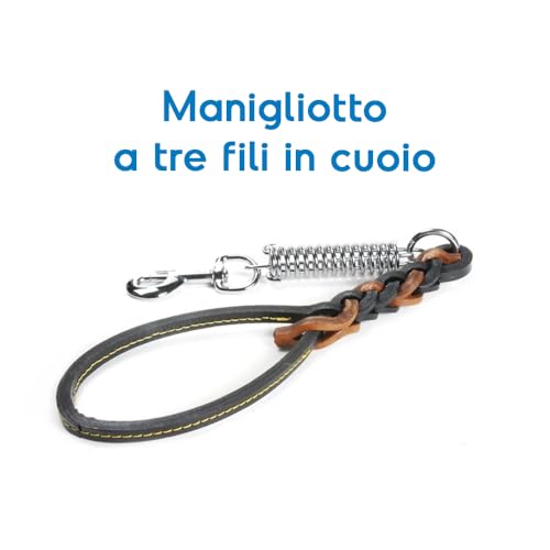 Record, Three Strand Handle, Leather Lead with Spring and Steel Snap Hook, Size S, Length 50 cm, Black and Beige - Image 3