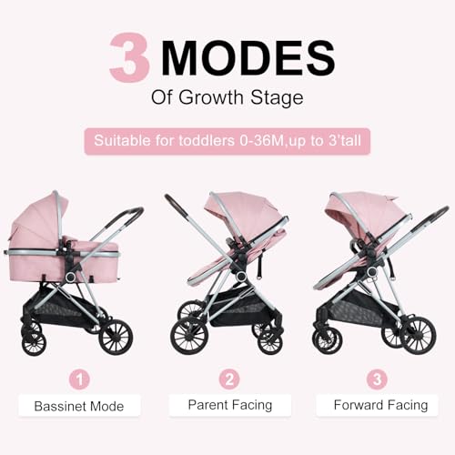 Image of 2-in-1 Baby Stroller with Bassinet Mode - Folding Infant Newborn Pram with Reversible Seat - for 0-36 Months Baby Girl Pink